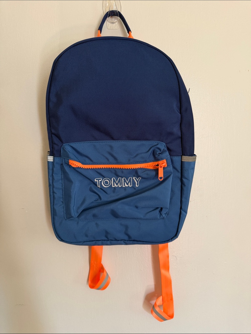 New Tommy monnagrammed pottery barn kids Navy &Blue Backpack with Orange Accent